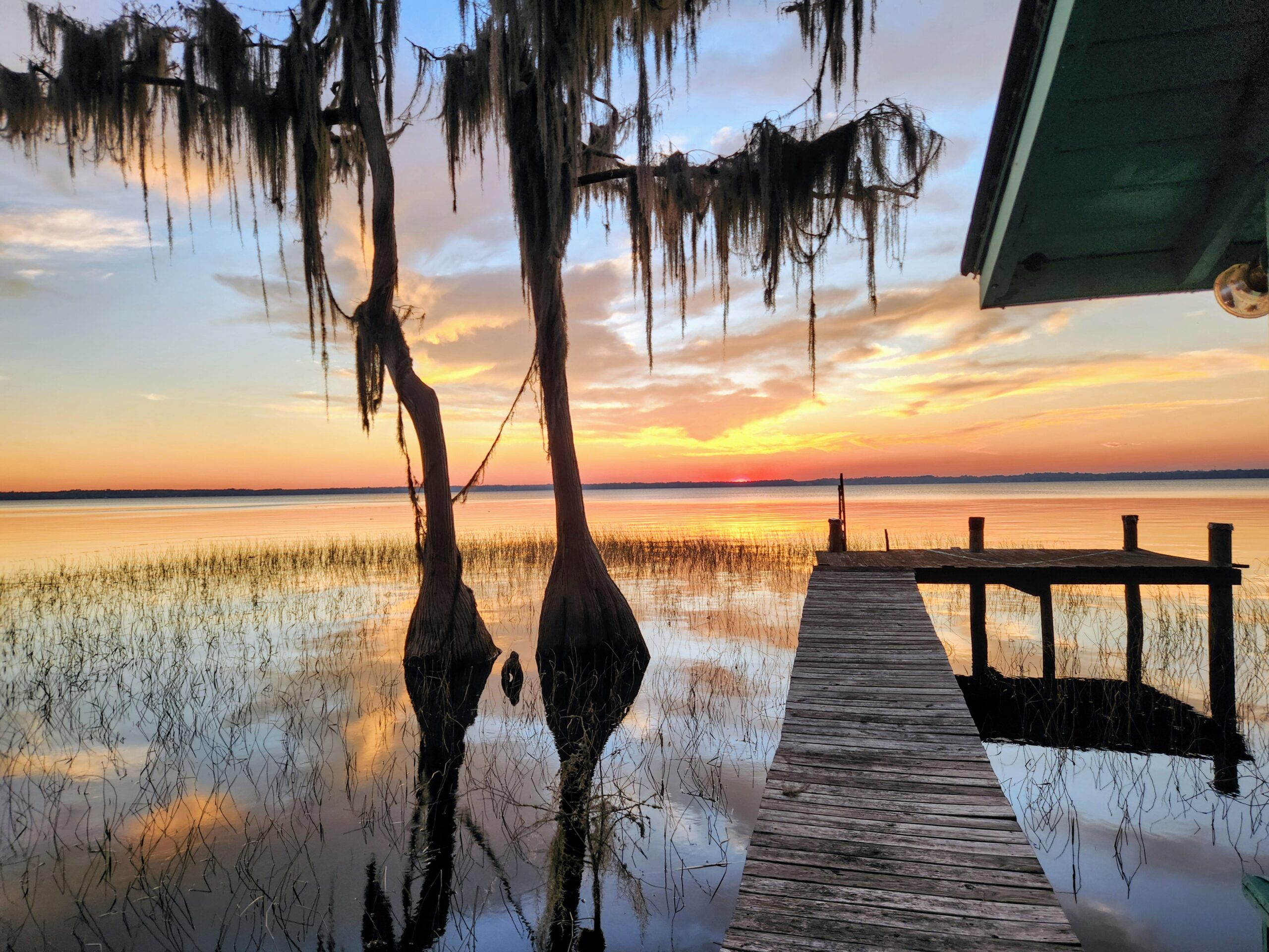 Cedar Key sunset over water and cypress trees